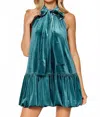 Lalavon Velvet Halter Bow Tie Bubble Hem Mini Dress In Peacock In Blue