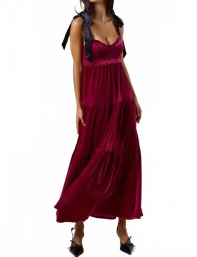 Lalavon Women's Velvet Satin Bow Shoulder Tie Maxi Dress In Wine In Burgundy