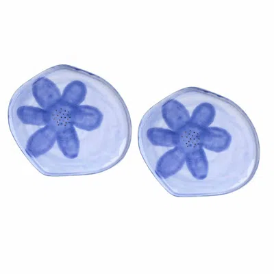 Lali Design Studio Blue Aqua Bloom Porcelain Dessert Plates Set Of Two With Gold Detail