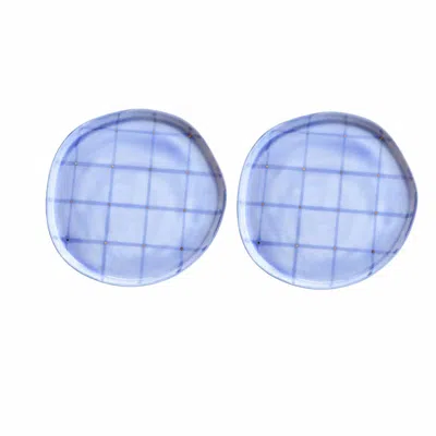 Lali Design Studio Blue Aqua Grid Porcelain Dessert Plates Set Of Two With Gold Detail