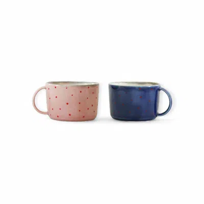 Lali Design Studio Blue / Pink Enjoy Mixed Dots Coffee Mugs Set Of Two Porcelain In Multi
