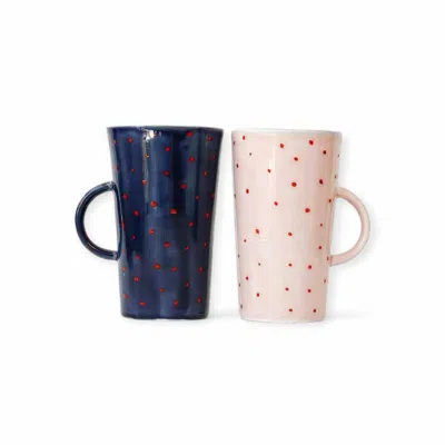 Lali Design Studio Blue / Pink Enjoy Mixed Dots Tall Coffee Mugs Set Of Two Porcelain In Multi
