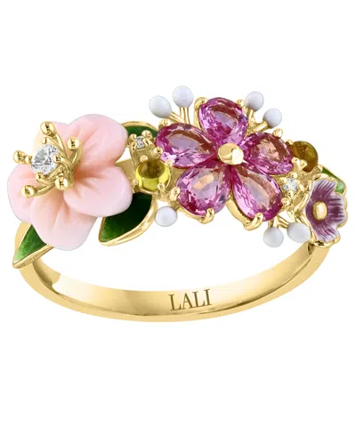 Lali Jewels Pink Mother Of Pearl (7/10 Ct. T.w.), Multi Gemstone (0.90 Ct. T.w.) And Diamond (1/100 Ct. T.w.) Ri In Gold