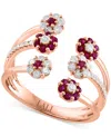 Lali Jewels Ruby (1/2 Ct. T.w.) & Diamond (3/8 Ct. T.w.) Three Row Flower Cuff Ring In 14k Rose Gold In Ruby