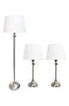 Lalia Home Perennial Modern Manhattan Extendable 3pc Metal Lamp Set (2 Table  Lamps, 1 Floor Lamp) In Brushed Nickel/white Shades