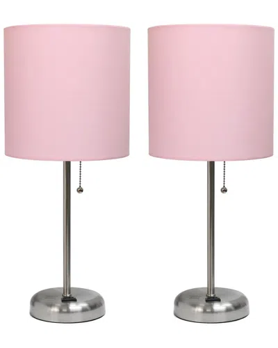 Lalia Home Brushed Steel Stick Lamp With Charging Outlet And Fabric Shade 2pk Set In Brown