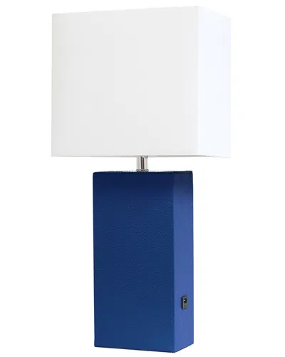 Lalia Home Lexington 21in Leather Base Modern Home Décor Bedside Table Lamp  With Usb Charging Port In Blue