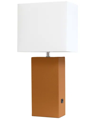 Lalia Home Lexington 21in Leather Base Modern Home Décor Bedside Table Lamp  With Usb Charging Port In Brown