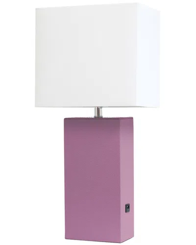 Lalia Home Lexington 21in Leather Base Modern Home Décor Bedside Table Lamp  With Usb Charging Port In Purple