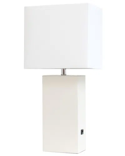 Lalia Home Lexington 21in Leather Base Modern Home Décor Bedside Table Lamp  With Usb Charging Port In White