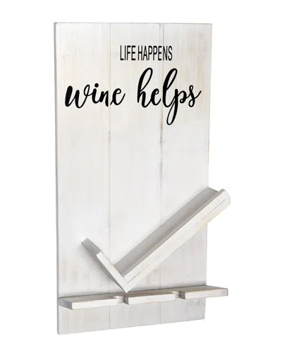 Lalia Home Lucca Wall Mounted Wooden Life Happens Wine Helps Wine Bottle Shelf With Glass Holder In White