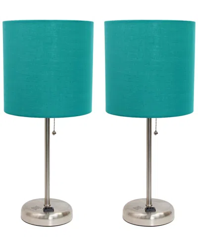 Lalia Home Set Of Two 19.5in Stick Table Desk Lamps With Charging Outlet &  Drum Shade In Blue