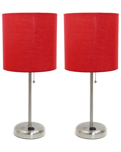 Lalia Home Set Of Two 19.5in Stick Table Desk Lamps With Charging Outlet &  Drum Shade In Red