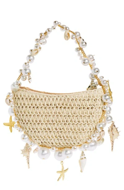 L'alingi Cluster Shell Imitation Pearl Raffia Shoulder Bag In Beige