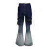 Lalipop Design Blue High Waisted Ombre Effect Flared Cargo Denim Pants In Blue