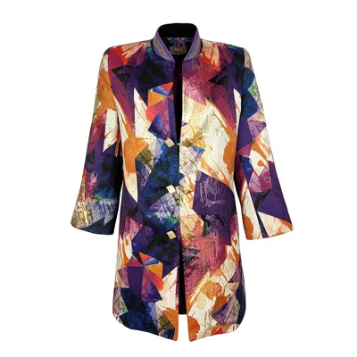 Lalipop Design Women's Abstract Print Jacquard Long Coat Jacket In Purple/red/yellow