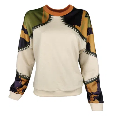 Lalipop Design Women's Abstract Print Sweatshirt With Khaki Vegan Leather Details In Black/yellow