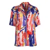 Lalipop Design Women's Abstract Printed Linen Shirt With Hand-embroidered Detail