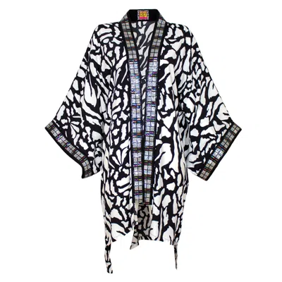 Lalipop Design Women's Black & White Print Midi Kimono With Embroidery Borders In Black/white