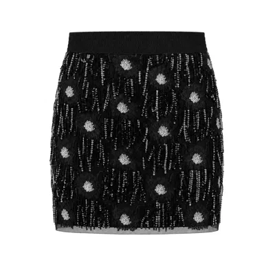 Lalipop Design Women's Black Embroidered Sequin Tulle Mini Skirt