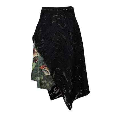 Lalipop Design Women's Black / Green Asymmetric Burnout & Floral Appliqué Midi Skirt In Multi