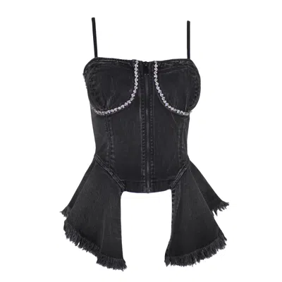 Lalipop Design Women's Black Hand Stitched Crystal Embellished Denim Corset Top With Ruffles