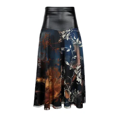 Lalipop Design Women's Black Layered Midi Skirt With Vegan Leather Waist
