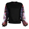 Lalipop Design Women's Black Sweatshirt With Printed Chiffon Pleated Sleeves In Black