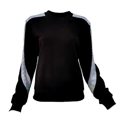 Lalipop Design Women's Black Sweatshirt With Silver Honeycomb Hologram Sequined Details Sleeves