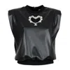 Lalipop Design Women's Black Vegan Leather Blouse With Faux Crystal Embellished Laser Cut-out Heart In Black