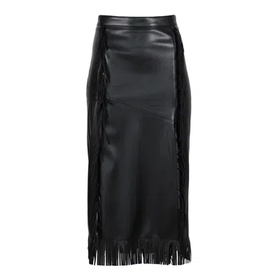 Lalipop Design Women's Black Vegan Leather Midi Fringe Skirt