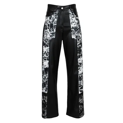 Lalipop Design Women's Black / White Wide-leg Black Vegan Leather Pants Panelled With Abstract Print In Black/white