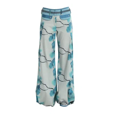 Lalipop Design Women's Blue / Grey Stylised Floral Wide-leg Pants