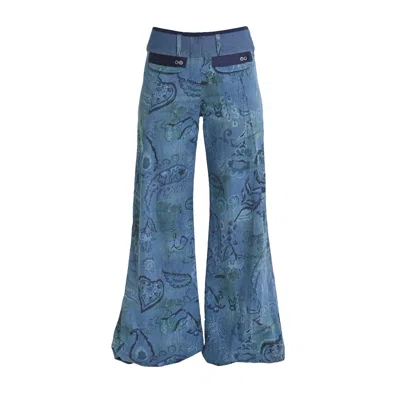 Lalipop Design Women's Blue Stylised Floral Denim-look Wide-leg Pants