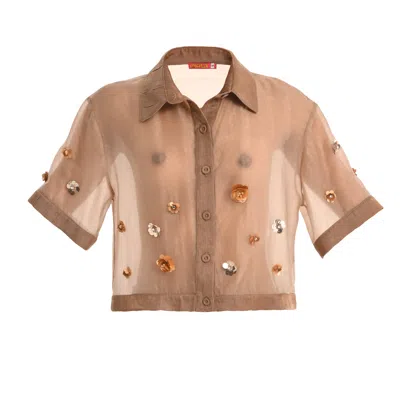 Lalipop Design Women's Brown Floral Appliqué Sheer Bomber Jacket