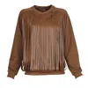 Lalipop Design Women's Brown Walnut Sweatshirt With Laser-cut Vegan Leather Fringes In Brown