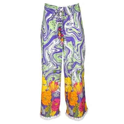 Lalipop Design Women's Capri Pants With Abstract Liquid & Flower Pattern In White