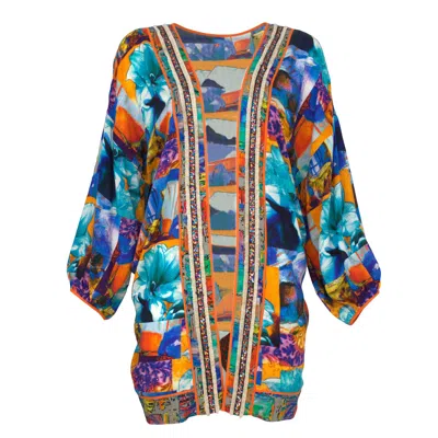 Lalipop Design Women's Colorful Flower Print Midi Kimono With Embroidery Borders In Multi