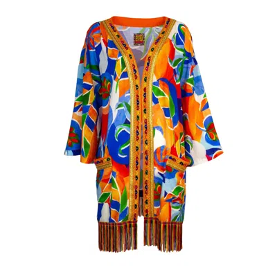 Lalipop Design Women's Colorful Leaf Print Midi Kimono With Embroidery Borders In Orange