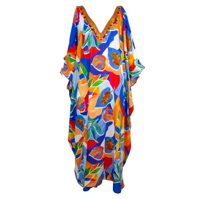 Lalipop Design Women's Colorful Leaf Print Open Shoulder Viscose Kaftan In Multi