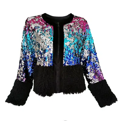 Lalipop Design Women's Double-sided Sequined Bomber Jacket With Velvet & Faux-fur Details In Black