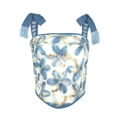 Lalipop Design Women's Flower Applique Crop Top With Tieable Straps In Blue