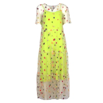 Lalipop Design Women's Fluorescent Yellow Dress With Flower Embroidered Tulle