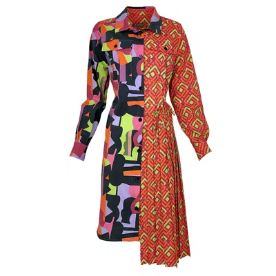 Lalipop Design Women's Geometric Color Block Cotton Shirt Dress In Orange
