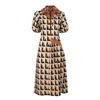 Lalipop Design Women's Geometric Print Midi Dress With Puff Sleeve