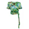 Lalipop Design Women's Green Double-breasted Blouse With Digital Print Leaf Patterns In Green