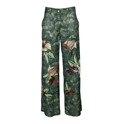 Lalipop Design Women's Green Floral Appliqué On Abstract Print Wide-leg Pants In Multi