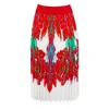 Lalipop Design Women's Half Circle Pleated White Midi Skirt With Red Leaves Print In White