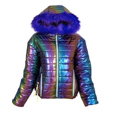Lalipop Design Women's Hooded Metallic Rainbow Colors Puffer Coat In Purple