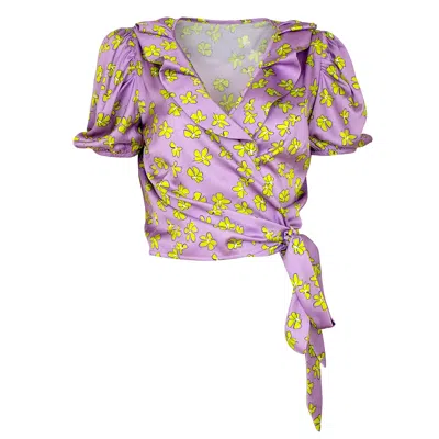 Lalipop Design Women's Lilac Floral Print Double-breasted Puff Sleeve Satin Blouse In Purple